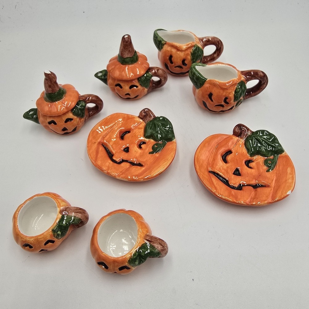 Vtg 8pc Miniature Lefton Ceramic Jack-O-Lantern Halloween Pumpkin Dishes Decor